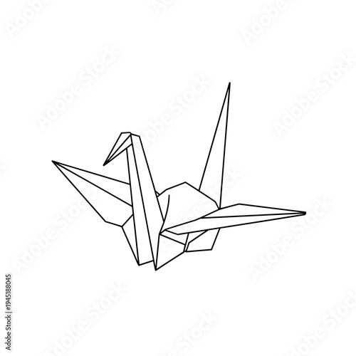 Minimalist origami crane illustration in black and white on a white background.