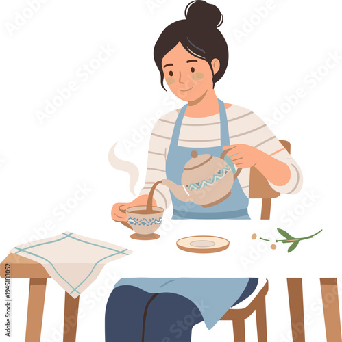 Woman pouring tea from teapot into cup while sitting at table indoors