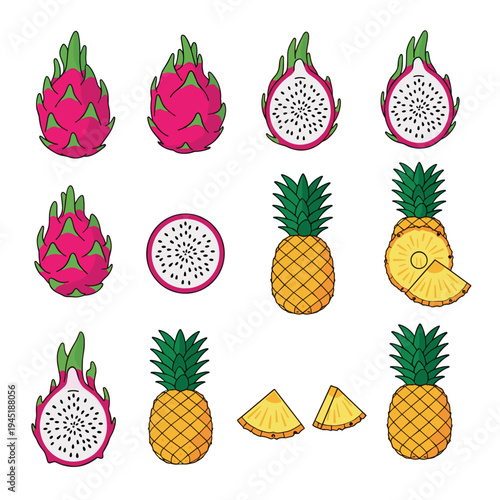 Colorful dragon fruit and pineapple illustrations in a vector style for design.