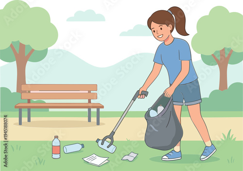 Woman picks up trash with a picker in a park on a sunny day outdoors