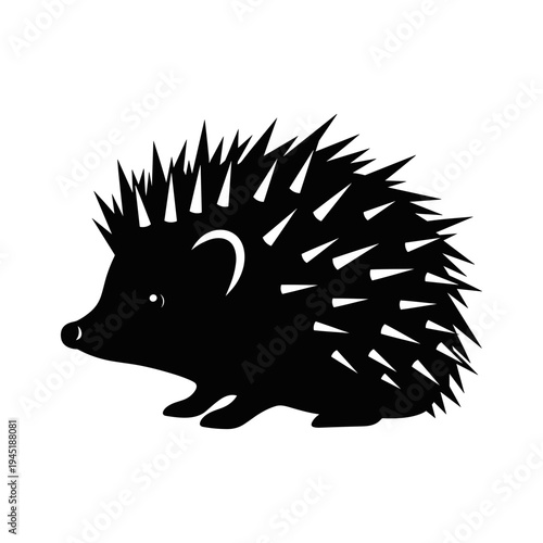 Black and white illustration of a cute hedgehog with sharp spikes.