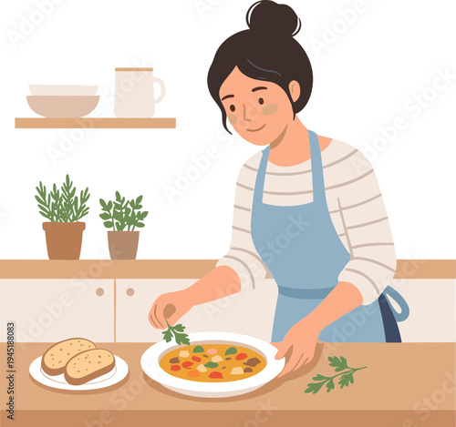 Woman cooking soup with fresh herbs and bread on kitchen counter indoors.