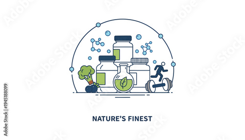 Supplement bottle vector illustration with healthy lifestyle and fitness elements