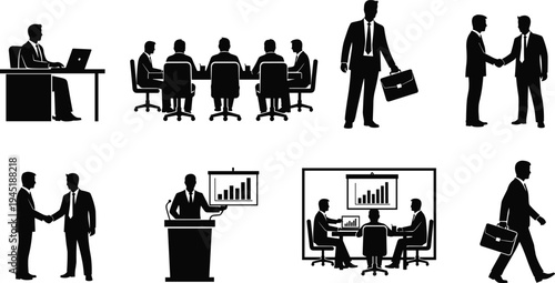 Business silhouette set featuring office professionals in meetings, giving presentations, shaking hands for deals, working at desks, and walking with briefcases for corporate concepts.
