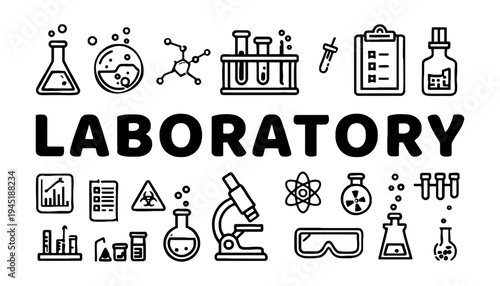 Laboratory icon set with various scientific equipment and tools illustration