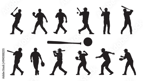 Baseball player silhouettes in various poses with bat and ball, sports graphic