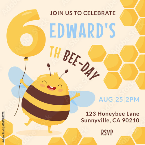 Cute cartoon bee holding number balloon birthday party invitation. Happy bee character with honeycomb elements creates playful celebration design. Kids anniversary poster for event card, banner, party