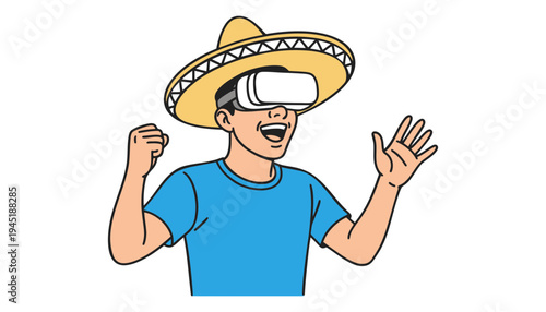 A cartoon man wearing a sombrero and virtual reality headset excitedly