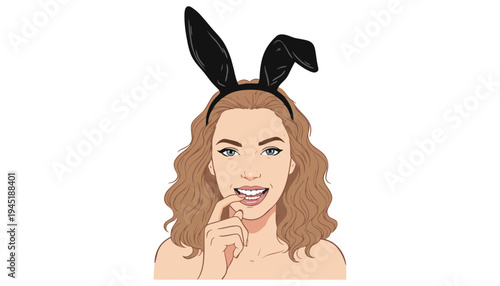 A woman wearing black bunny ears smiles playfully with her finger on her lips