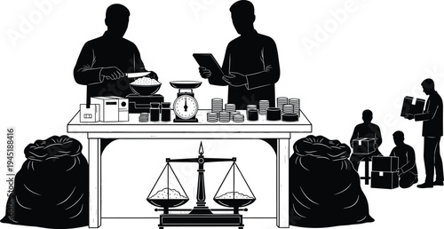 Market silhouettes of workers weighing grains on scales, packing boxes, using digital tablets for inventory, and managing sacks of bulk food in trade concepts.