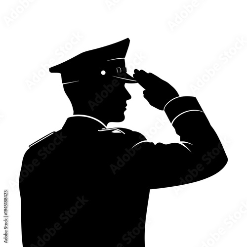 Silhouette of a military officer saluting in a formal uniform, black and white.