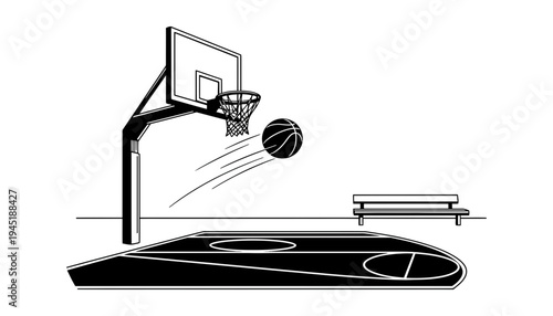 A basketball icon illustration of a ball going into hoop
