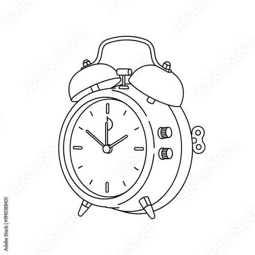 Simple black and white illustration of a classic alarm clock.