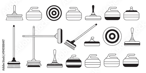 Collection of curling sport elements, including brooms, stones, and targets
