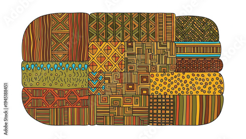 Vibrant African textile patterns and designs on a white background.