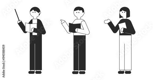 モノクロのセミナーや授業で解説・案内をする人物のフラットイラストセット