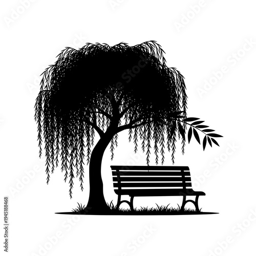 Silhouette of a weeping willow tree with a bench beneath its branches.