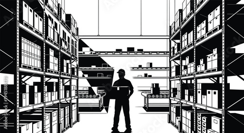 Worker in apron standing on ladder stocking grocery shelves with products, warehouse clerk managing inventory in store aisle, retail worker organizing supermarket display, and commerce.