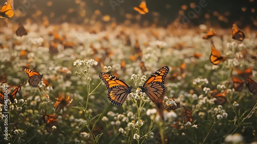 Monarch butterflies flutter around white wildflowers in a sunny meadow with flying insects.