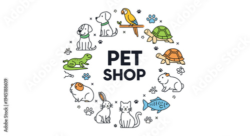 Detailed pet shop logo showing a circular arrangement of many different animals like dogs cats fish birds and reptiles.