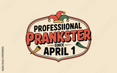 Red and green jester hat with april fools prankster badge