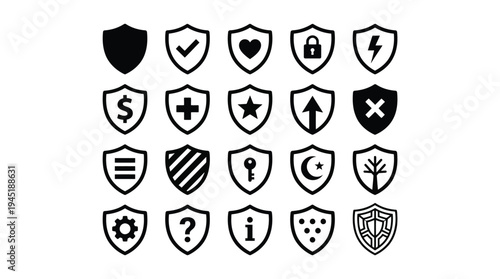 Collection of various shield icons with different symbols and markings for security and protection concepts in vector graphic illustration