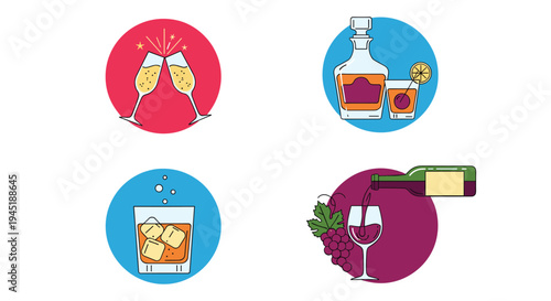 Set of icons for alcoholic drinks including champagne toasting whiskey with ice a cocktail and wine being poured.