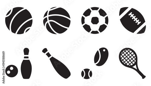 Collection of black sports equipment on white background with copy space for text