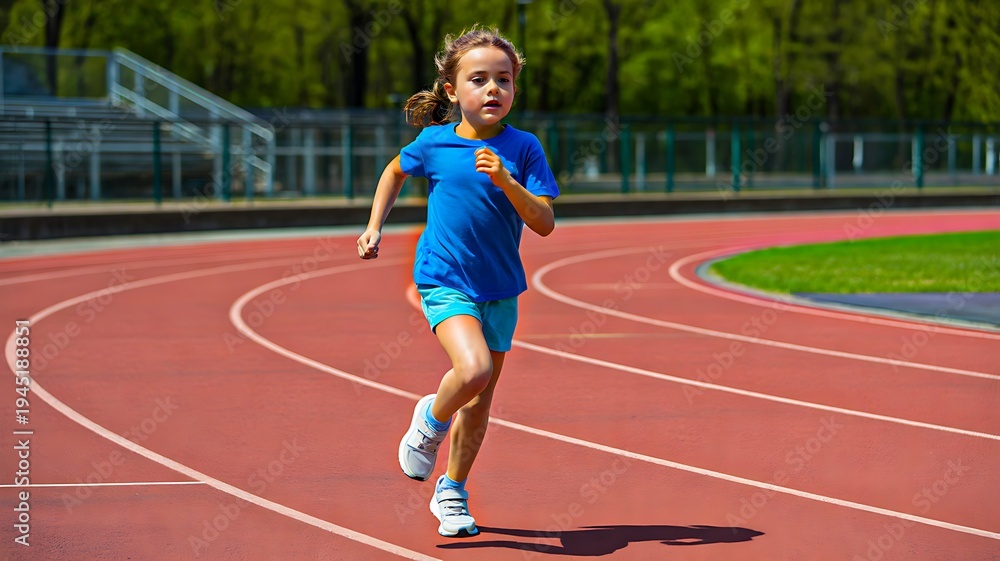 Fototapeta premium Young girl running on outdoor track during athletic training in sunny day