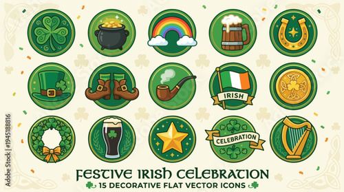 Festive Irish Celebration Decorative Flat Vector Icons Collection for Saint Patrick's Day and Cultural Events