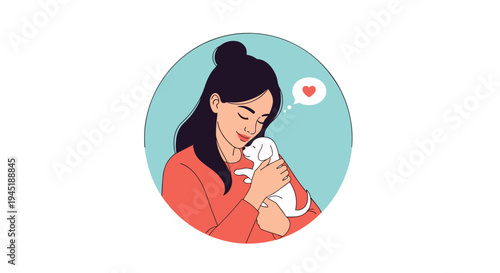 Heartwarming illustration of a young woman affectionately hugging a small white puppy inside a blue circular frame.