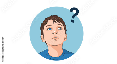 Curious young boy looking upwards with a questioning expression and a dark question mark symbol over a blue circle.