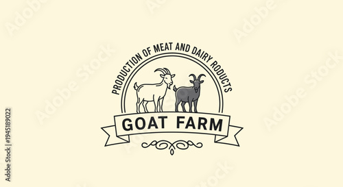 Vintage style goat farm logo featuring a white and a grey goat standing above a ribbon banner on a cream background.