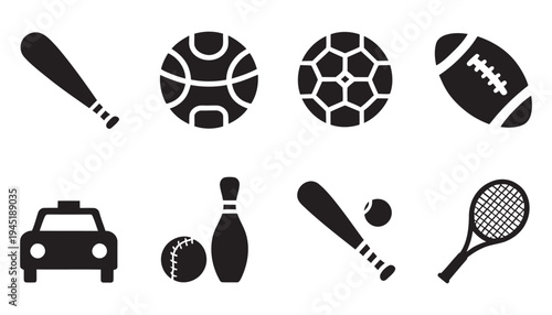 Sports equipment and activity outline icons set for athletic and games