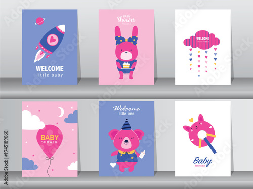Set of baby shower invitations cards.Cute animal.poster,greeting,template,bear,Vector illustrations.