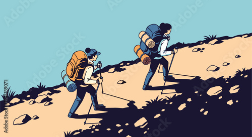 Two adventurous hikers with large backpacks and walking poles climbing a rocky trail under a clear blue sky illustration.