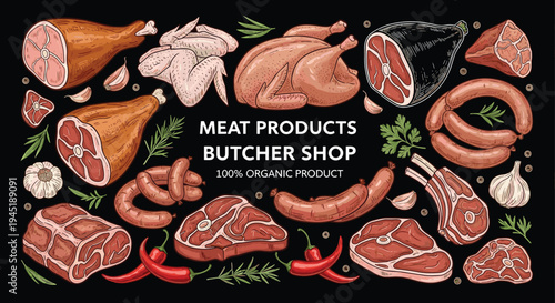 Large collection of illustrated meat products including steaks sausages poultry and ham for a butcher shop advertisement.