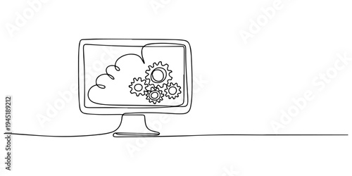 A minimal one line drawing showing a continuous process of cloud computing with gears emerging from a laptop, Cloud computing monitor with gear, api icon isolated on transparent background