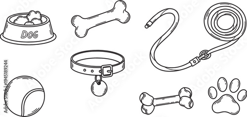 Black and white outline illustration of various dog accessories including a food bowl, bones, collar, leash, tennis ball, and paw print.