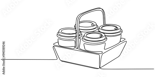 coffee cups with lids in a cardboard carrier continuous one line drawing, Four disposable beverage containers with lids rest securely in a molded pulp carrier. disposable coffee cups in a cardboard. 