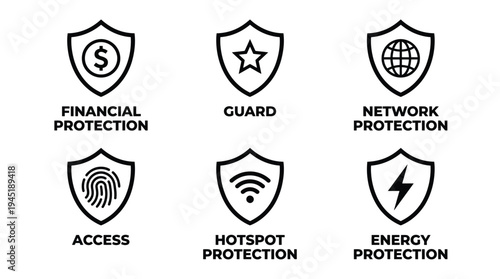 Various protection icons with labels for security and safety concepts vector graphic