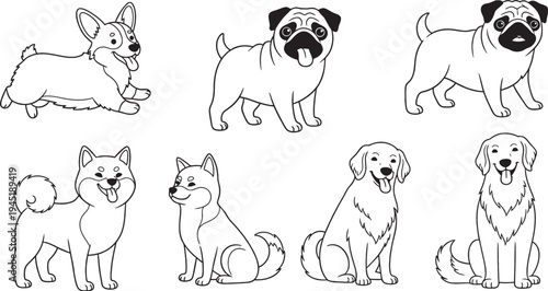 Black and white line art illustrations of various dog breeds including Corgi, Pug, Shiba Inu, and Golden Retriever in different poses.