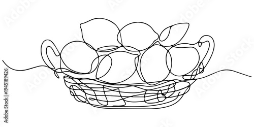 Fresh lemons in a woven basket continuous one line drawing, Hand-drawn sketch of lemons in a woven basket, Realistic black and white illustration of a woven basket overflowing with fruit minimalist.