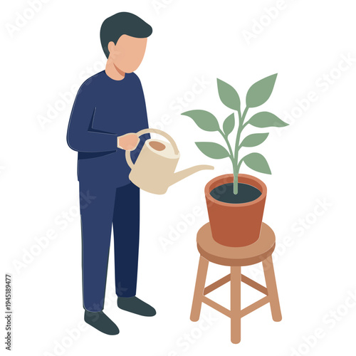 A man is watering a plant on a stool indoors with a can.