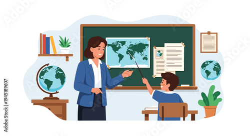 Friendly female teacher and a young boy student in a classroom setting studying a world map on the chalkboard.