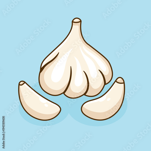 Fresh whole garlic cloves and two cloves of garlic isolated on a blue background, designed in a cartoon flat style. Garlic icon. Allium sativum L.