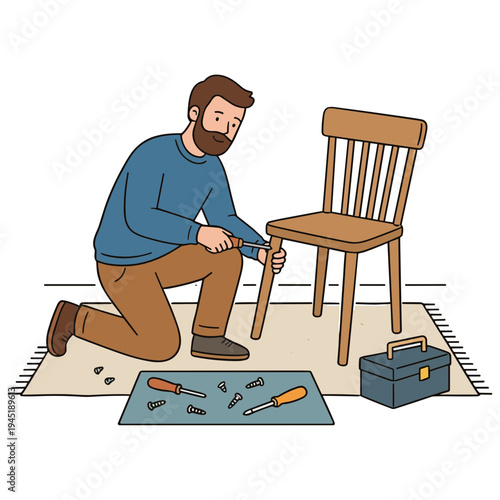 Man kneeling repairing a wooden chair with tools on a rug indoors.