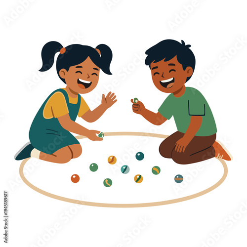 Two children playing with colorful marbles on the floor indoors happily