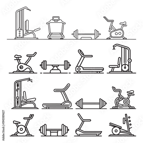 Set of gym equipment line icons. outline fitness tools symbol collection