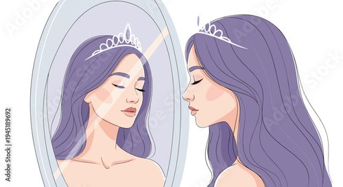Beautiful young woman with long purple hair and a tiara looking at her reflection in an oval mirror with closed eyes.